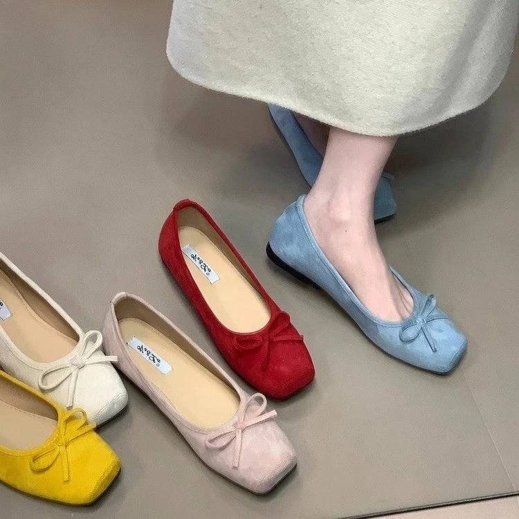 Flat shoes French bow women's shoes red single shoes ballet shoes spring and summer new style scoop shoes soft sole shoes