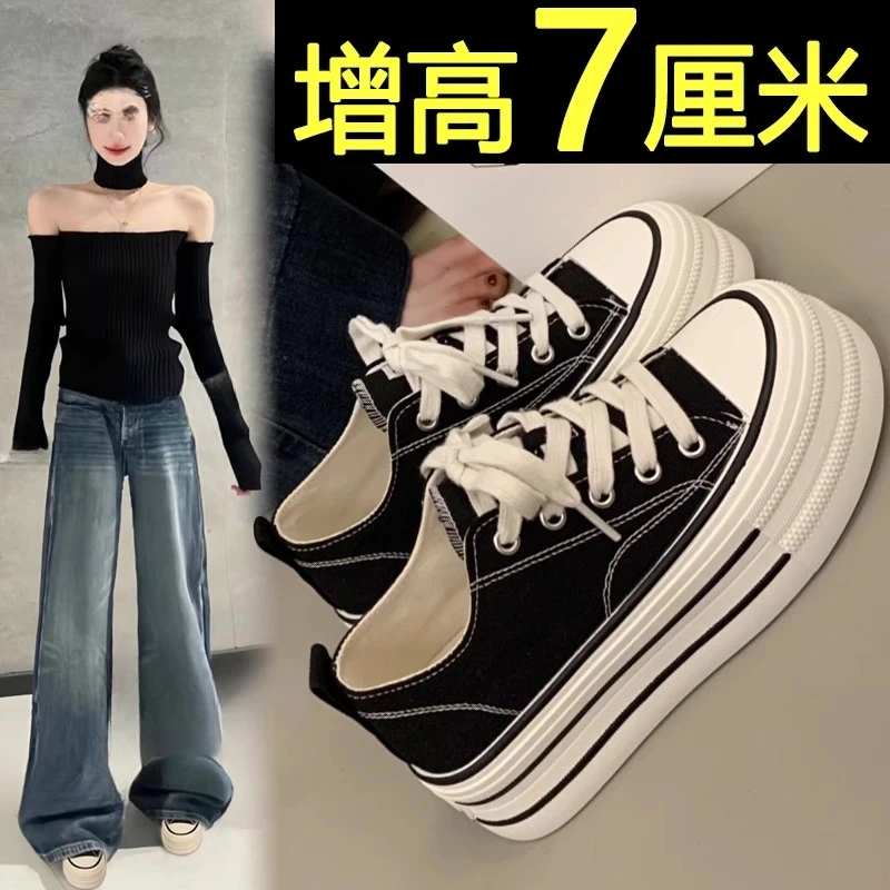 Thick-soled black canvas shoes for women 2025 new summer breathable casual shoe height-enhancing white shoes
