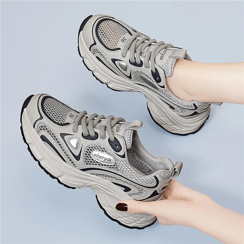 Genuine leather 2025 spring and summer new mesh thick sole height-enhancing slimming dad shoes women's casual shoes breathable sports shoes