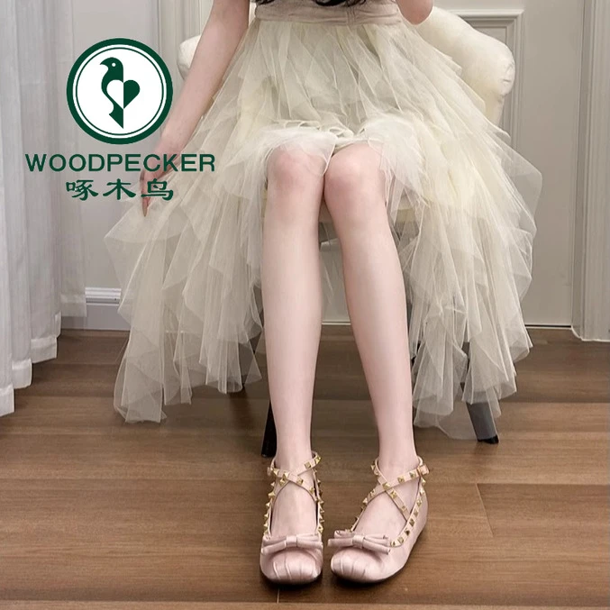 Woodpecker niche versatile French sweet cross ballet shoes wear retro fairy rivet Mary Jane single shoes