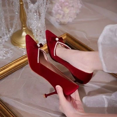 Xiuhe Wedding Wedding Dress Two Wear Chinese Wedding Shoes 2024 Spring and Autumn New Bridal Shoes Wedding French Red High Heels