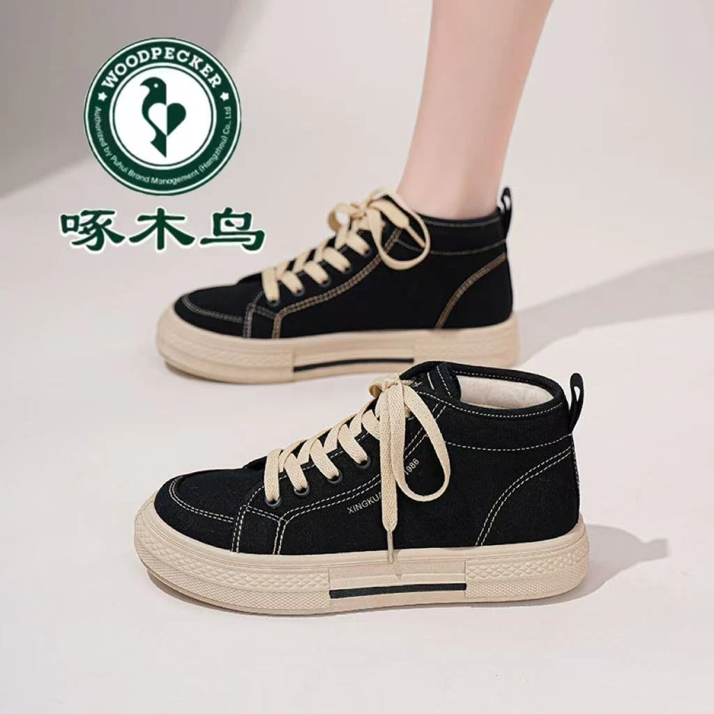 Woodpecker mid-to-high top canvas shoes 2025 hot student sports shoes casual versatile breathable ins women's singles shoes