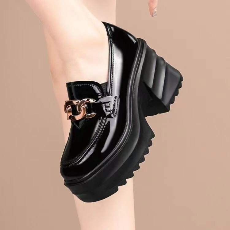 New patent leather thick sole small leather shoes for women with small heightened spring and autumn thick heels super high heels single shoes for sponge cake sole loafers