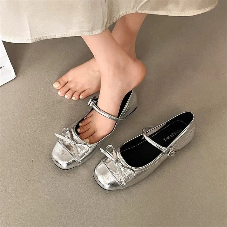 Silver light mouth ballet flat shoes for women 2025 new summer skirt French round-toe Mary Jane shoes
