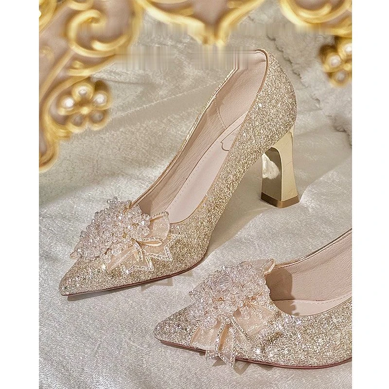 Daphne Group Shoes Cabinet Thick Heel Wedding Shoes Bride Women's Not Tired Feet Hexiu Wedding Dress Two Wear Crystal Shoes 2025 New Style