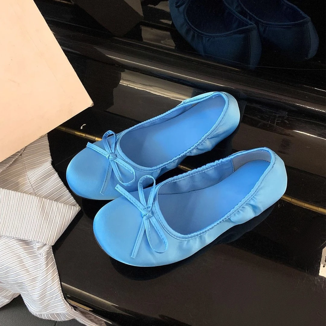 French bow round head 2025 summer ballet single shoes women's small blue shoes gentle wind soft flat shoes