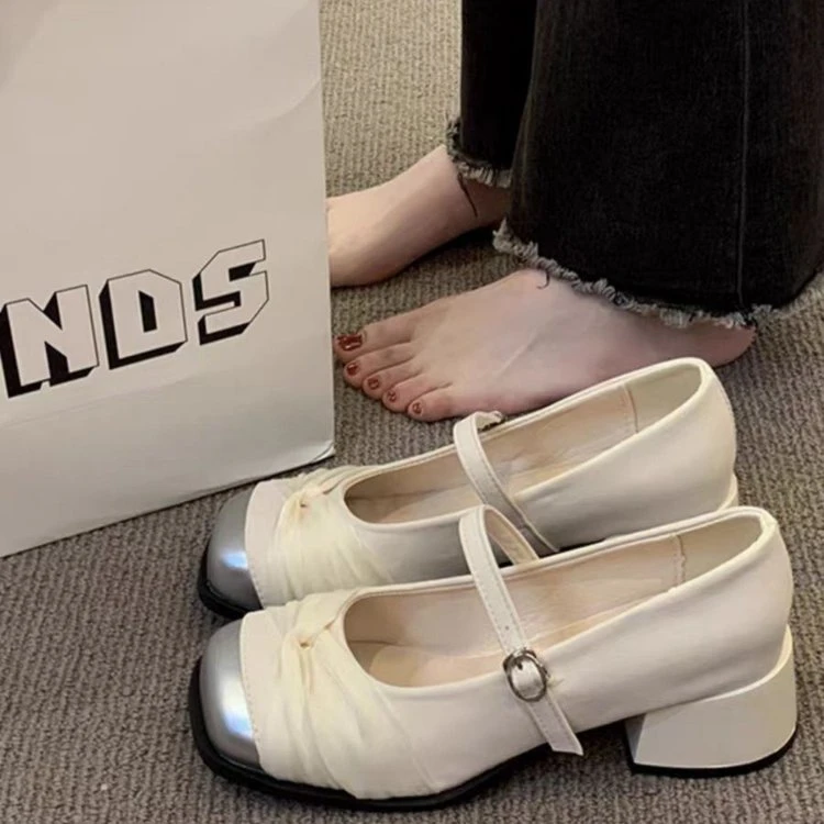 Mary Jane Shoes versatile flat shoes fruit shoes rubber one-line buckle PU single shoe thick sole low top shoes French