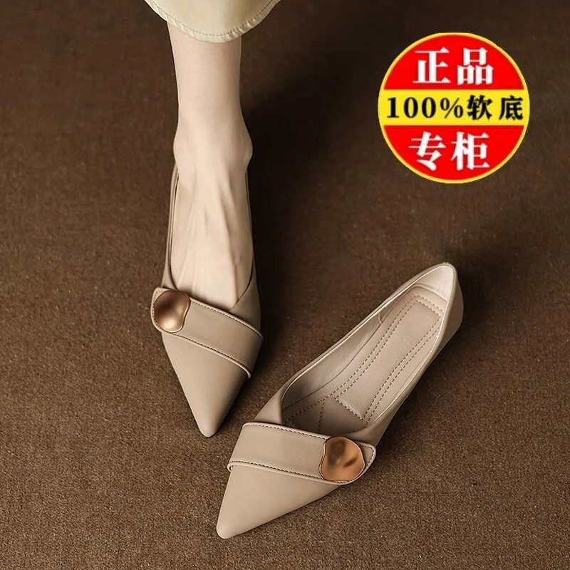 Woodpecker French pointed toe single shoes genuine leather shoes 2025 spring new light mouth versatile soft sole flat shoes women's bean shoes