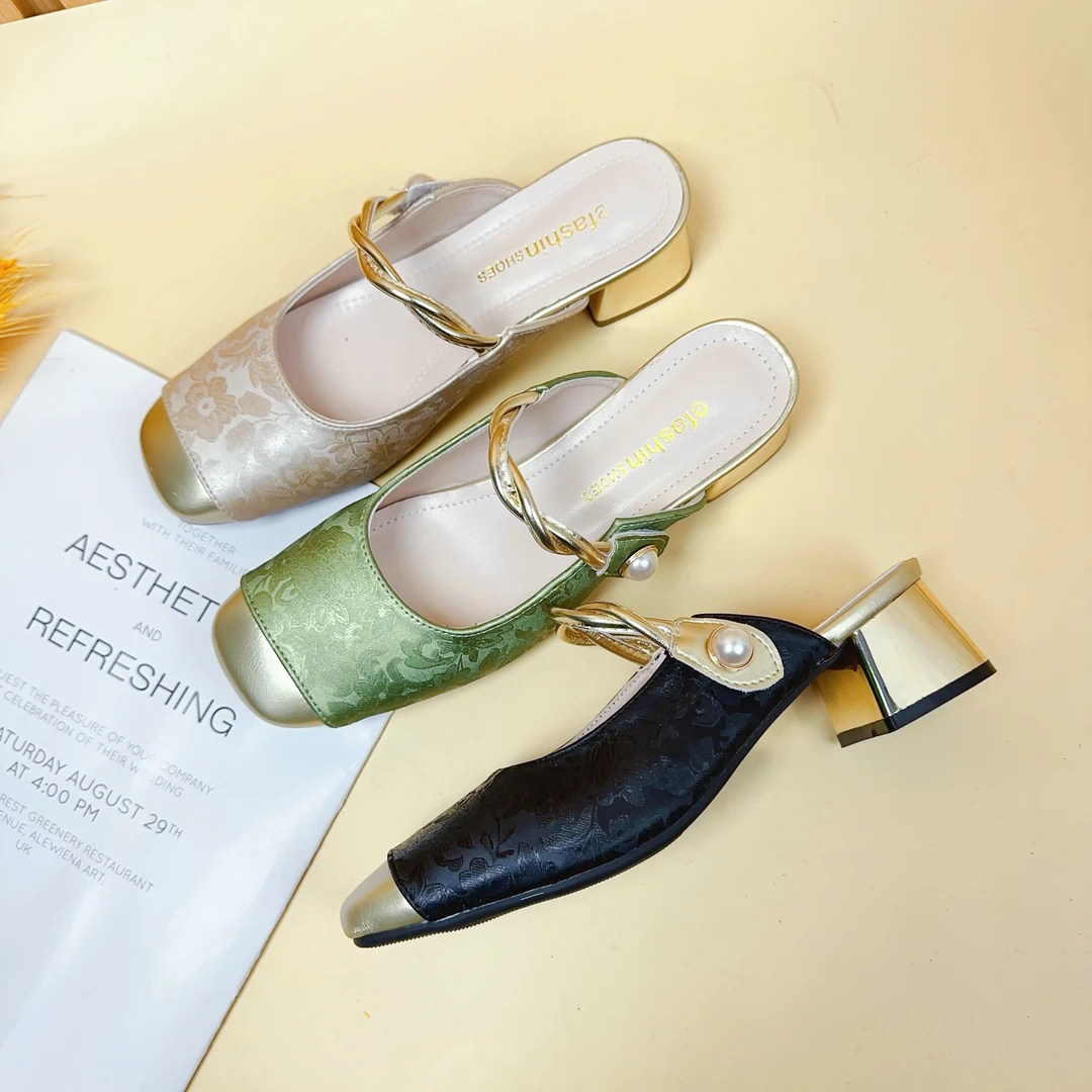 [Exclusive to Xie Yaping] New Chinese style thick heel bag-toe slippers fashionable and versatile flat bottom square head semi-torch 2708