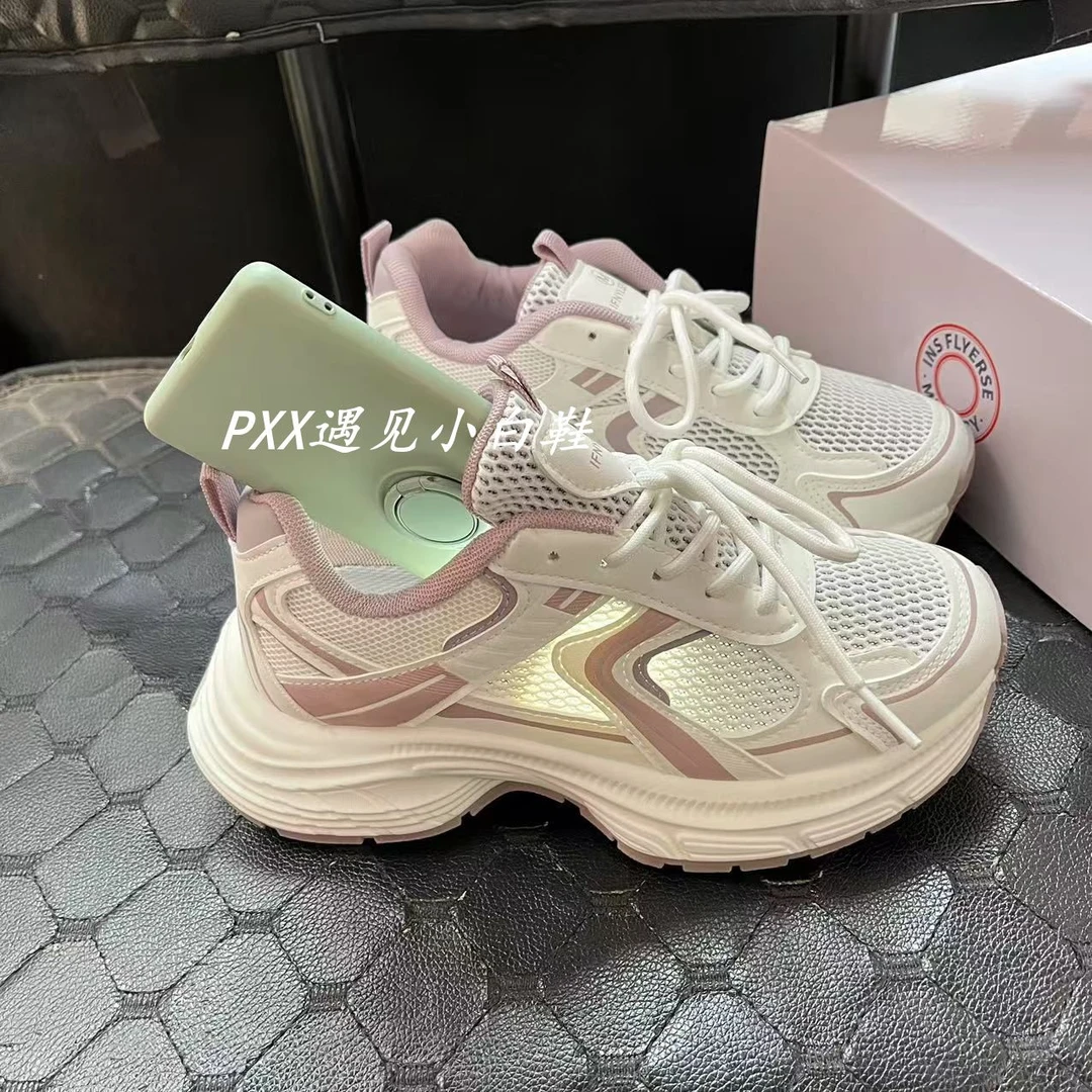 Single net dad shoes for women 2025 summer new thick sole lightweight and high-enhancing breathable versatile mesh casual sneakers for women