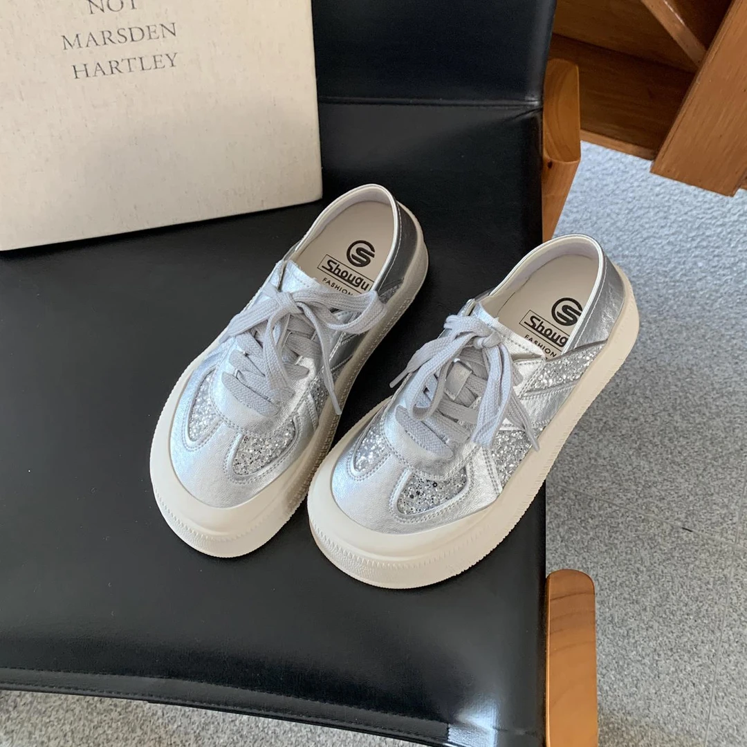Shougu authentic 2025 spring and summer new sequin silver small white shoes for women thin thick sole breathable casual sneakers for women