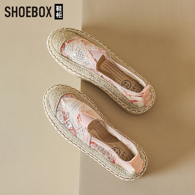 Daphne's hollow lace embroidered beads and grass woven fisherman's shoes for women 2025 summer new flat sole single shoes