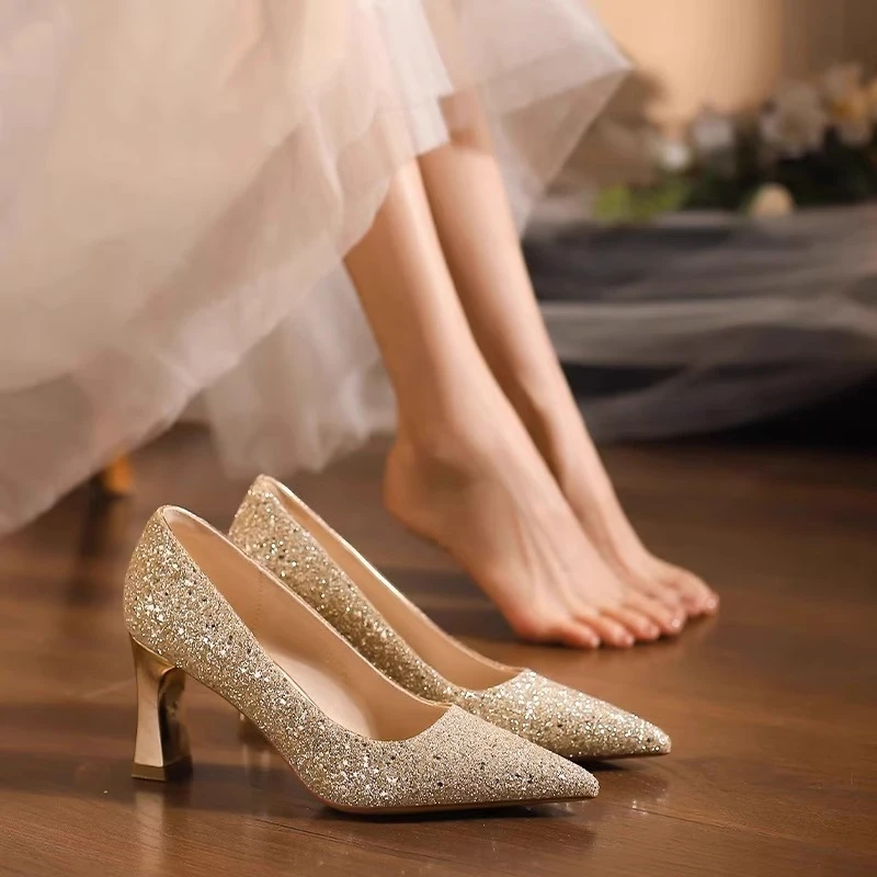2025 new champagne color wedding shoes female gauze bride shoes can usually be worn pointed crystal bridesmaid high heels