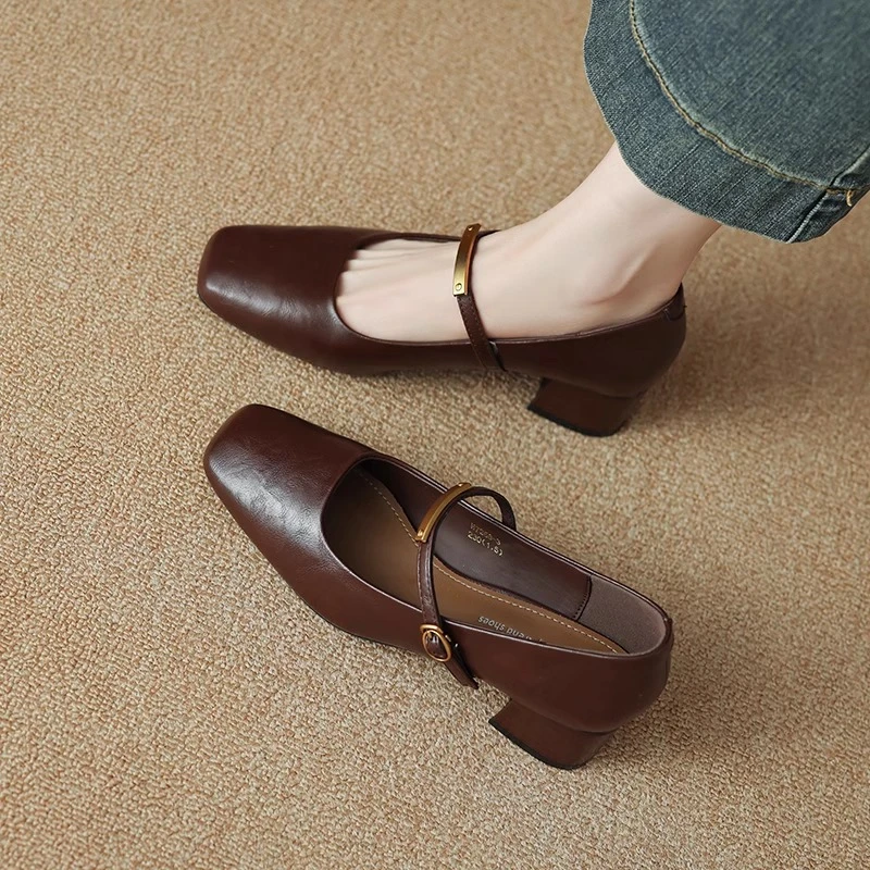 Sheepskin version square toe shallow mouth Mary Zhen shoes 2025 spring new Korean version of leopard print soft sole soft leather flat shoes for women