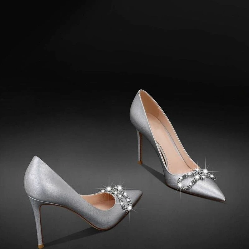 size 3245 genuine leather French high heels new temperament pointed toe soft heels with bows and wedding shoes for women