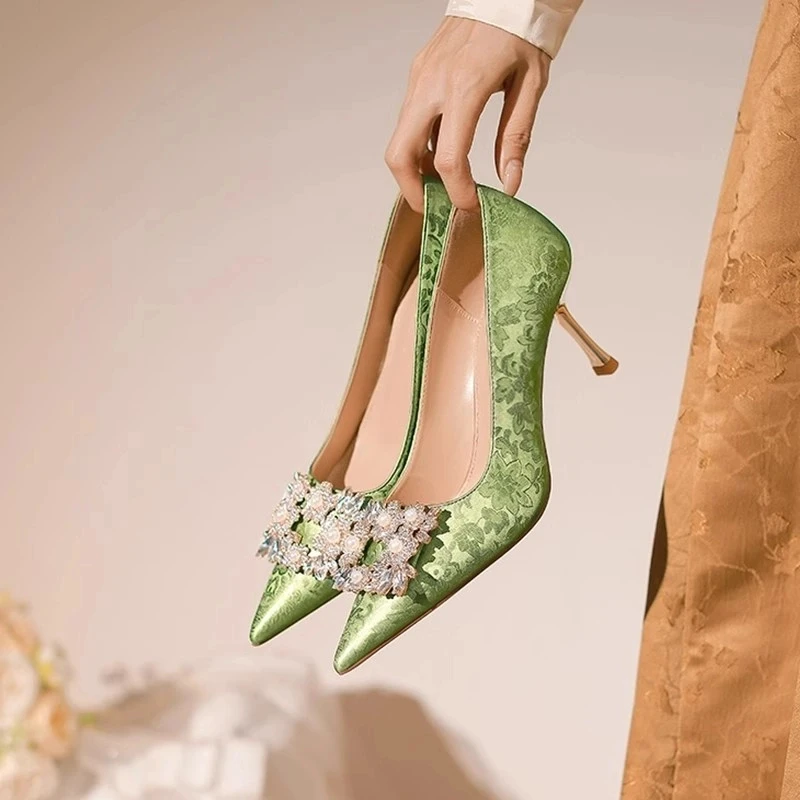 French temperament new Chinese green rhinestone square buckle with cheongsam high heels for women 2025 new dress wedding shoes