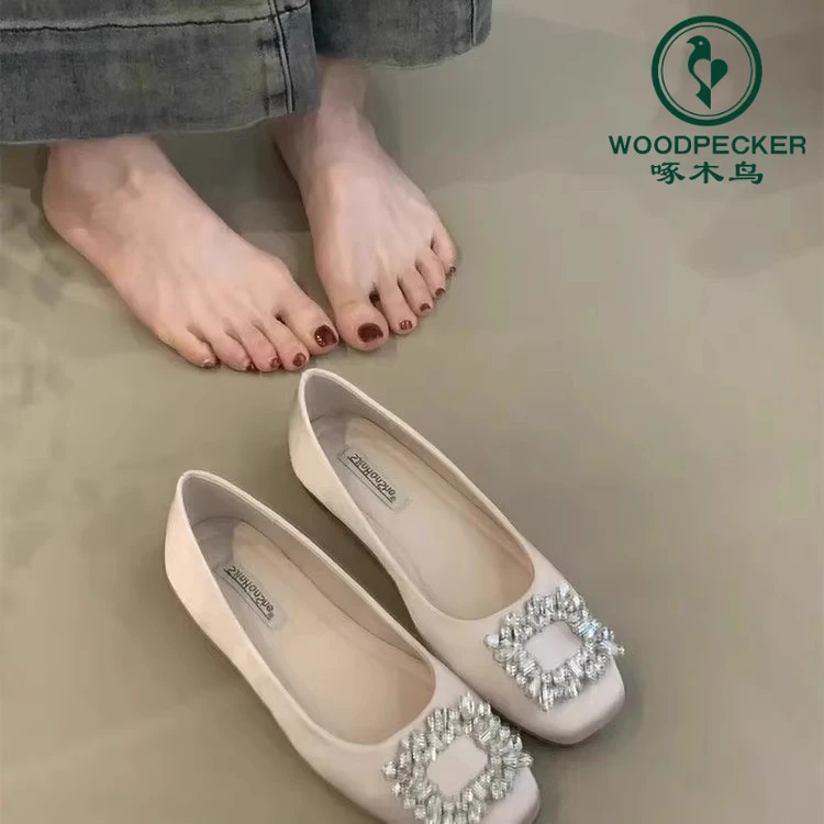 Woodpecker French rhinestone square buckle evening single shoes women 2025 temperament flat sole scoop shoes square toe Mary Jane shoes women