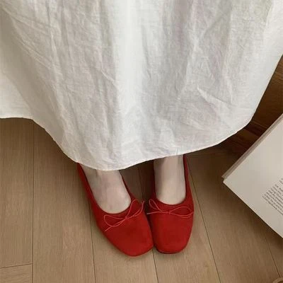 Temperament bow single shoes for women 2024 new style light mouth height-enhancing ballet with skirt red fashionable women's shoes