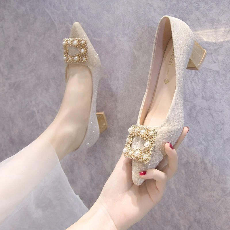 Main wedding dress wedding shoes 2025 new style bridal shoes golden high heels without tired feet girl thick heel bridesmaid crystal shoes