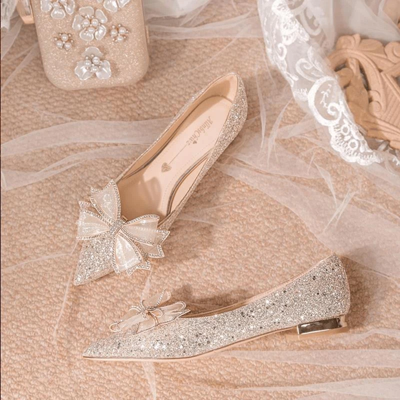 French engagement shoes for women Xiuhe clothes princess wedding dress with two wear low heels pregnant woman bride crystal flat bottom