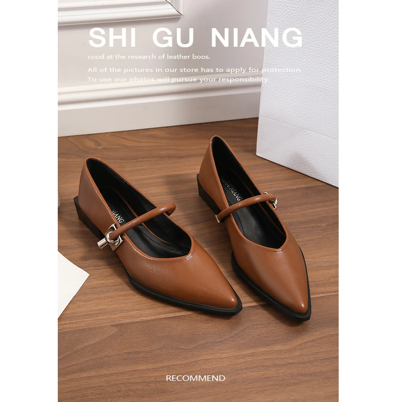 Mumu 73598-1 new spring and summer leather shoes versatile and comfortable light-mouth shoes retro single shoes fashionable pointed toe women's shoes