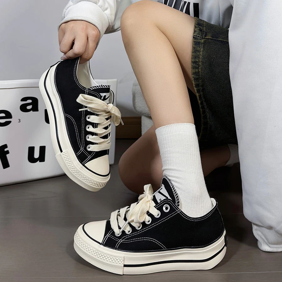 Huili black canvas shoes summer thick sole black shoes couples white shoes versatile casual trend Korean style shoes