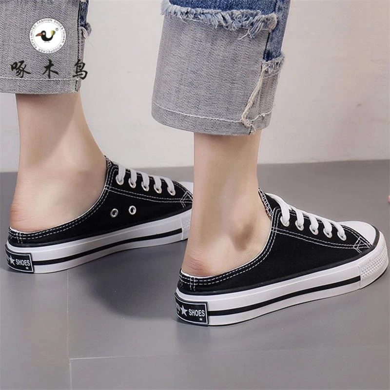 Woodpecker semi-tork canvas shoes female student Korean version 2025 spring and summer one-foot lazy shoes trendy cloth shoes without heel single
