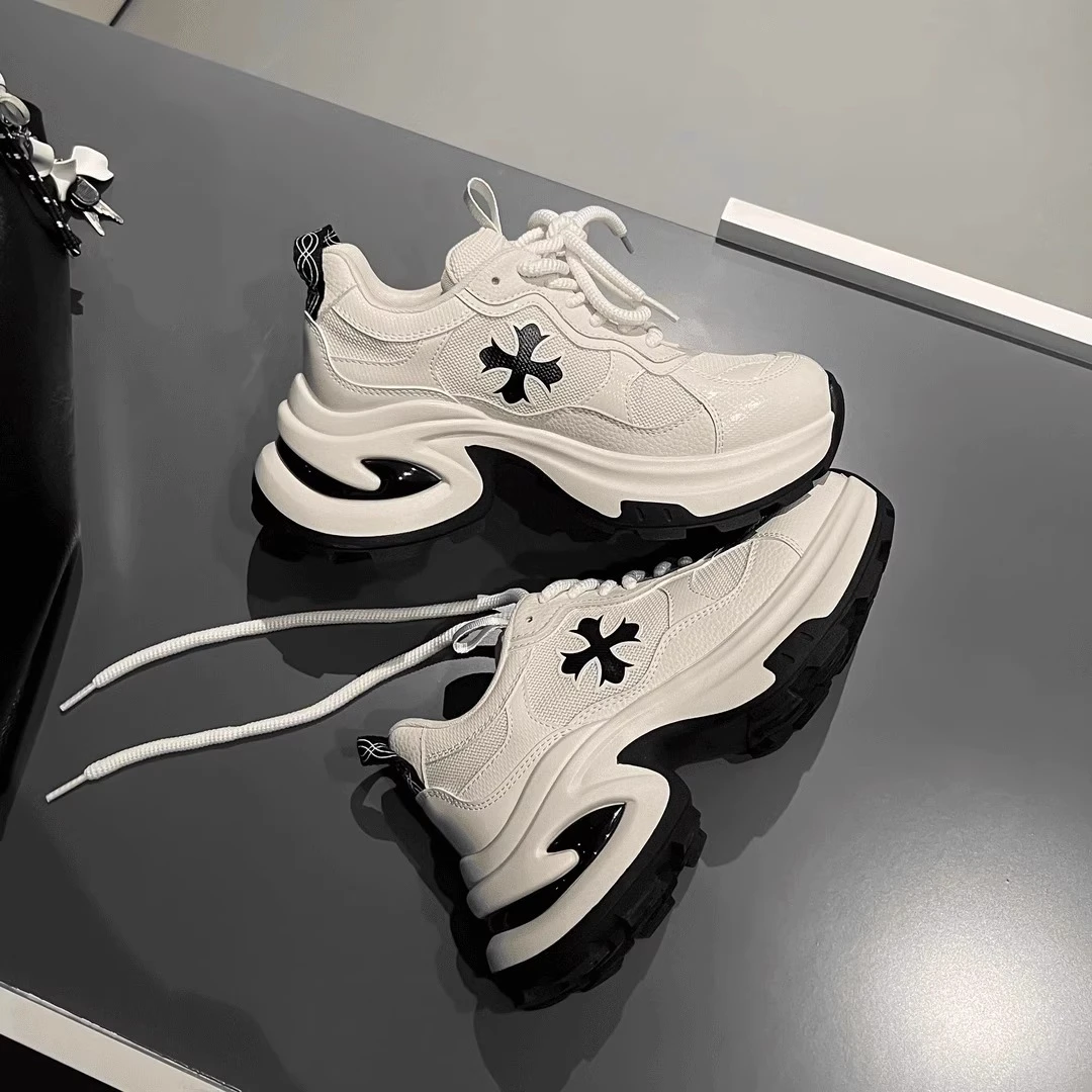 Increased height by 7.5cm~ genuine leather cross flower thick-soled dad shoes for women's spring new breathable running shoes casual sports shoes