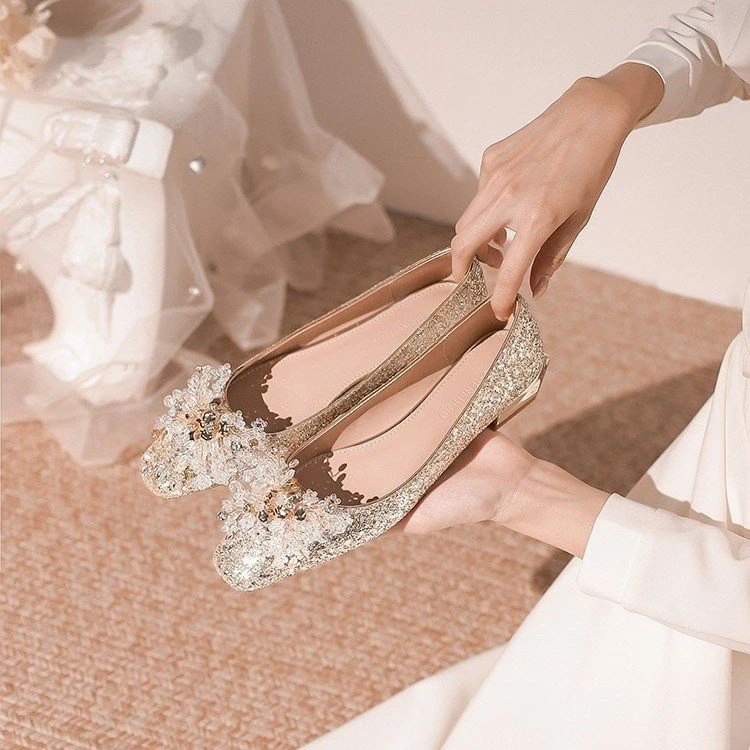 French crystal shoes wedding shoes bride shoes Hexiu wedding dress two-wear flat single shoes with skirt low heels for pregnant women