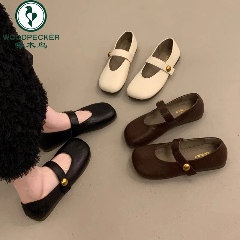 Woodpecker Flat-soled Mary Jane Small Leather Shoes for Women 2025 Spring and Autumn New French Velcro Soft Sole Single Shoes Beanie Shoes