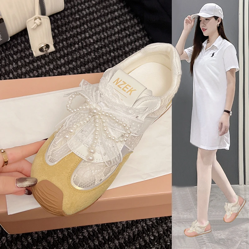 Lace pearl casual training shoes for women 2025 summer new white shoes mesh sports shoes breathable Forrest Gump shoes