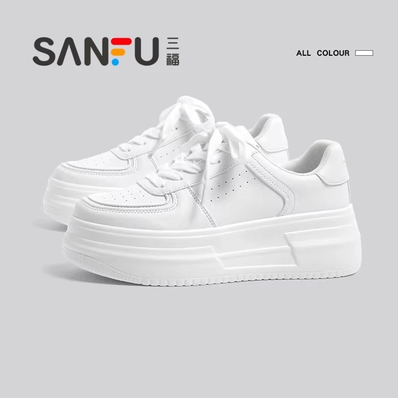 Sanfu white shoes for women in spring and autumn 2025 new style of sponge cake thick-soled heightened white casual shoes genuine leather women's shoes