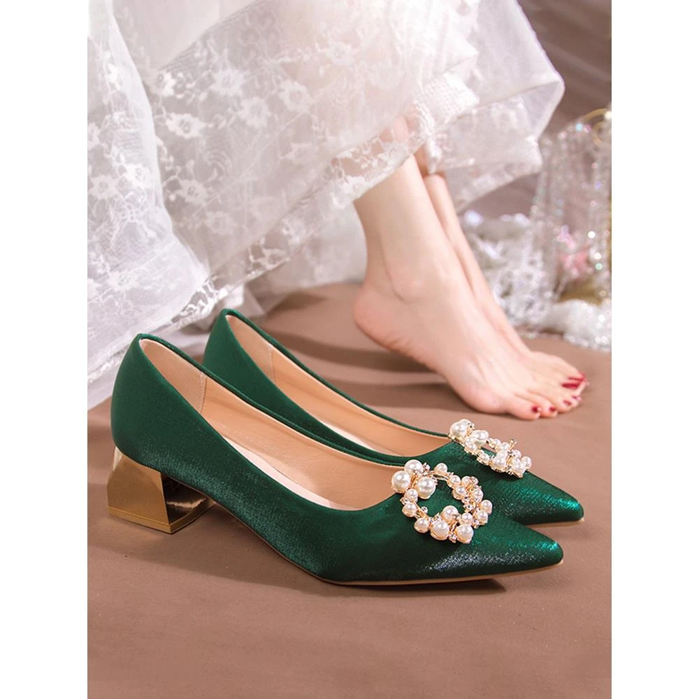Xiuhe Wedding Wedding Wedding Shoes for Women 2025 New Spring and Autumn Green Dress Chinese High Heel Bridal Shoes