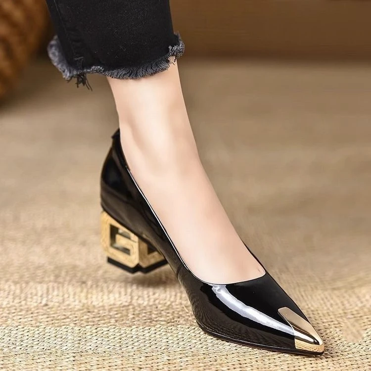 Real soft leather thick heel metal pointed high heels for women 2025 new mid-heel shallow-mouth patent leather versatile temperament single shoes for women