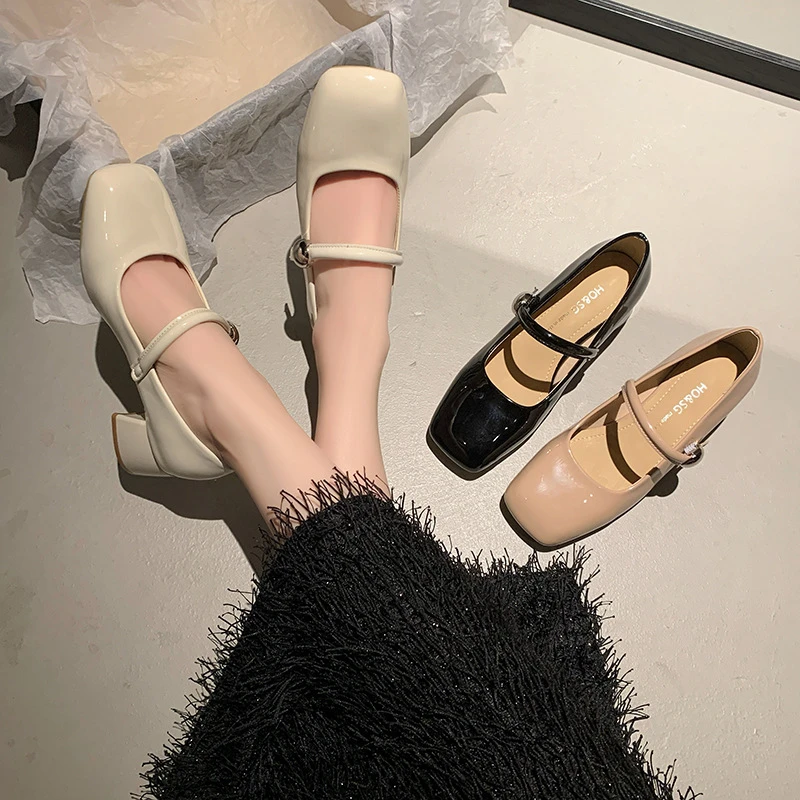 Meishuo Light Luxury 2025 new summer spring and autumn one-length high heels Mary Zhen shoes patent leather square toe thick heels