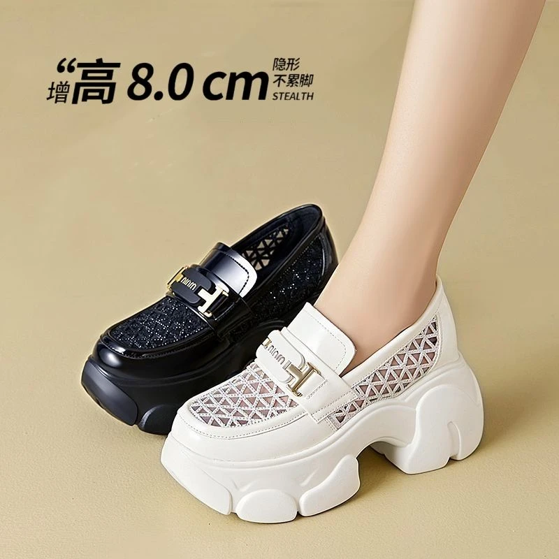 Mesh hollow loafers for women 2025 new summer breathable Mary Jane small leather shoes thick sole heightened women's shoes