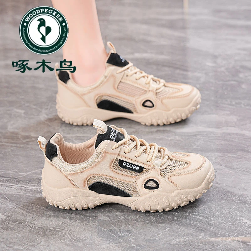 Woodpecker retro summer women's shoes new casual 2025 hollow shoes breathable soft sole lightweight women's mesh shoes