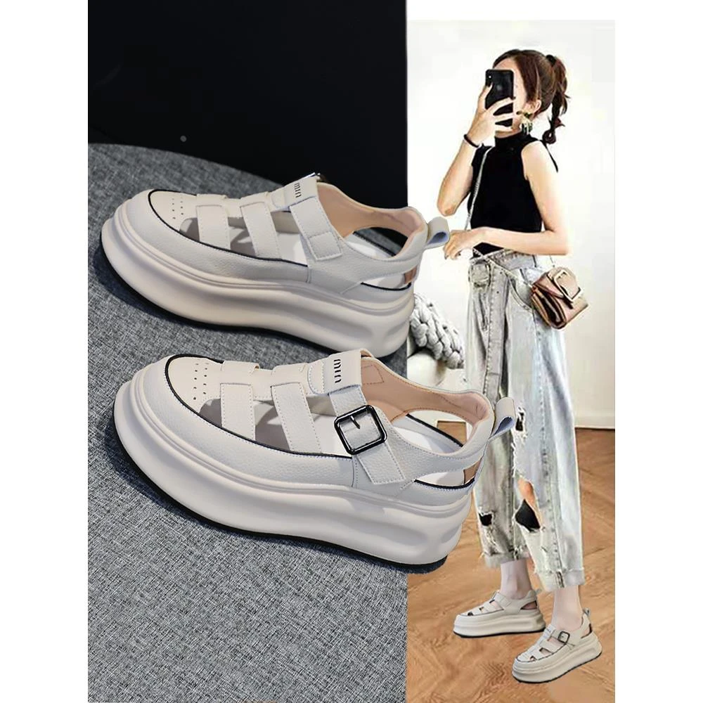 Wanda cabinet with bag head Roman sandals for women 2025 summer thick sole sponge cake hollow hole casual sports white shoes