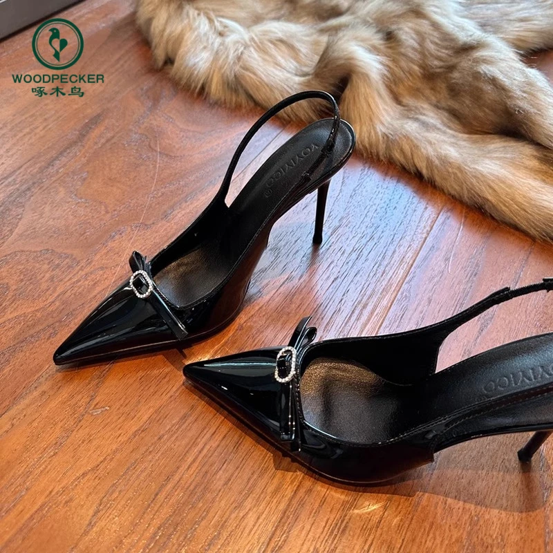 Woodpecker high heels for women 2025 new summer thin heel pointed bow rhinestone high-end single shoes with skirt