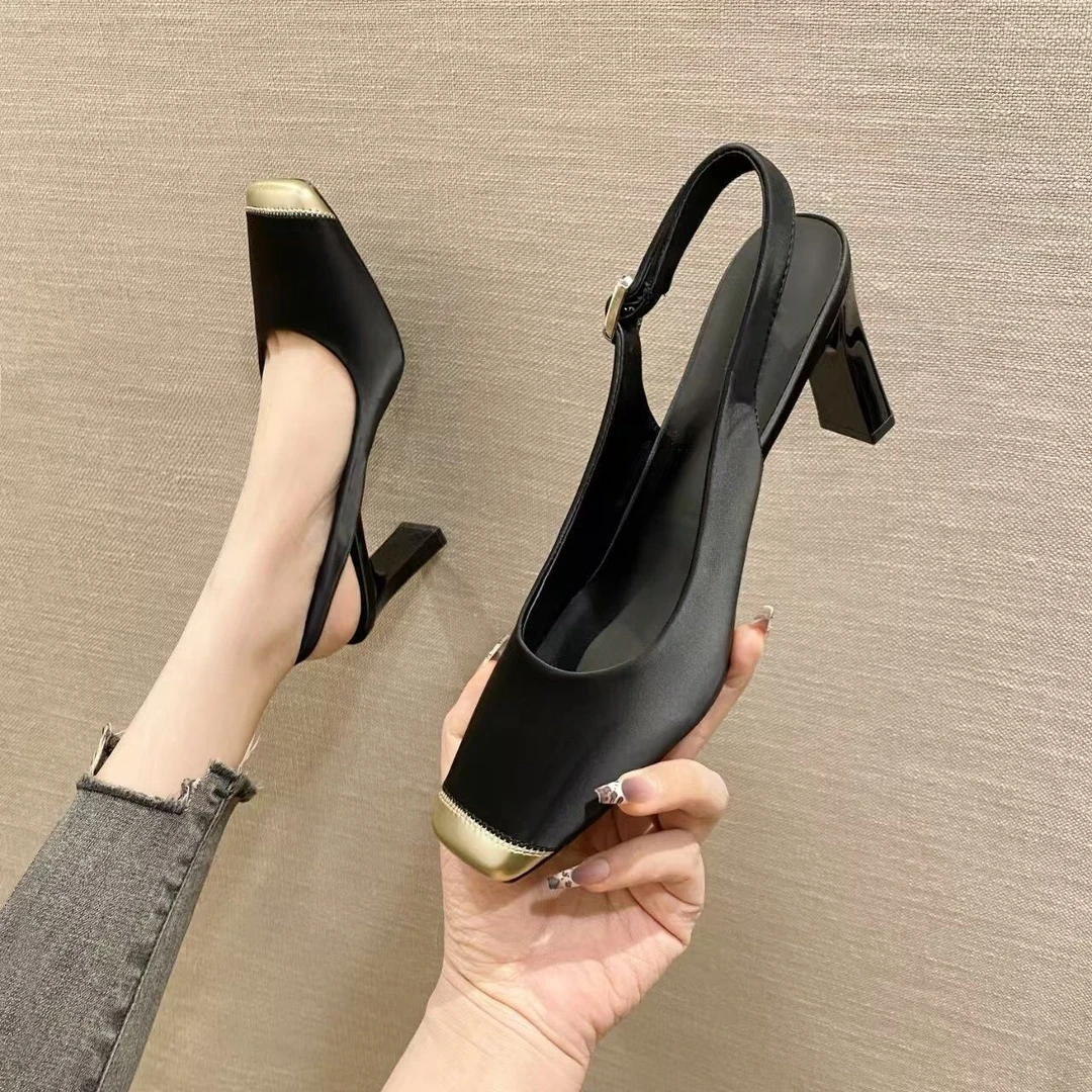 2025 new style of short rear shoes for women's toe thick heels French high heels versatile bag-toe sandals temperament with skirt