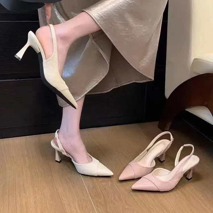 Woodpecker French high heels pink sandals fairy shoes 2025 spring and summer splicing with skirt pointed