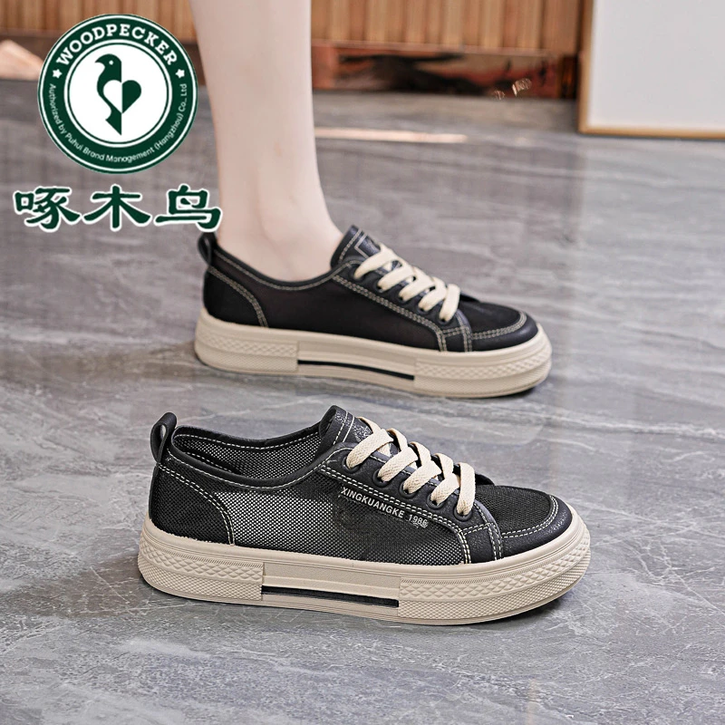 Woodpecker canvas shoes 2025 spring and summer new breathable mesh sports white shoes Korean style thick-soled casual shoes for women