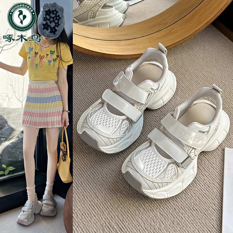 Woodpecker hollow dad shoes for women 2025 new summer mesh breathable Velcro thick-soled sports beach sandals
