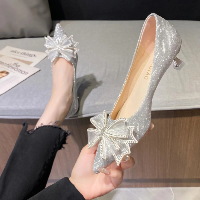 French crystal shoes 2023 new French silver wedding shoes niche 3cm high heels with skirt women's slim heels
