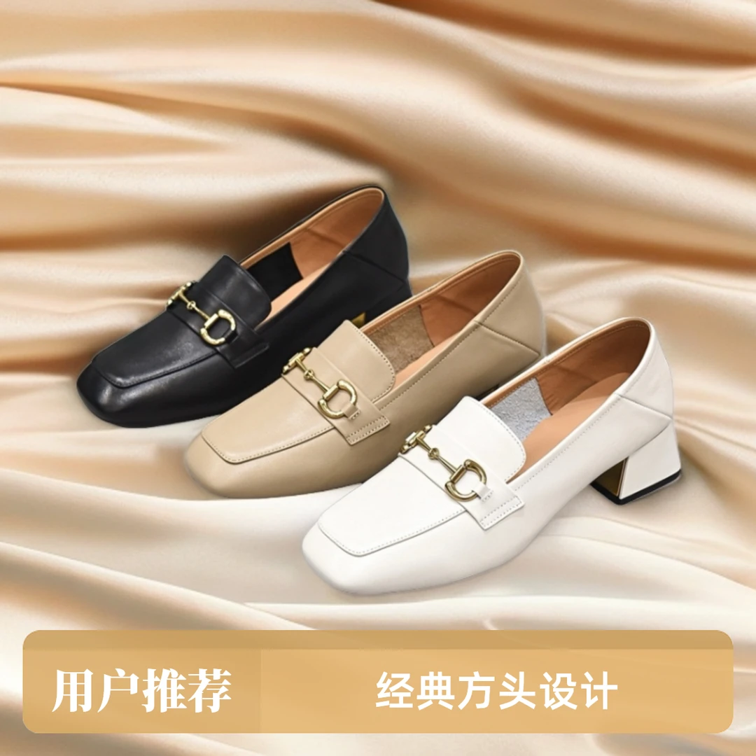Square-toed loafers real cowhide fashionable and versatile retro thick heel classic British style mid-heel horse-bit single shoe QDZ