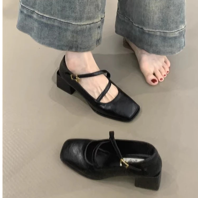 Internet celebrity retro Mary Jane shoes 2025 spring and autumn new style elegant square toe shallow mouth versatile thick heel evening shoes
