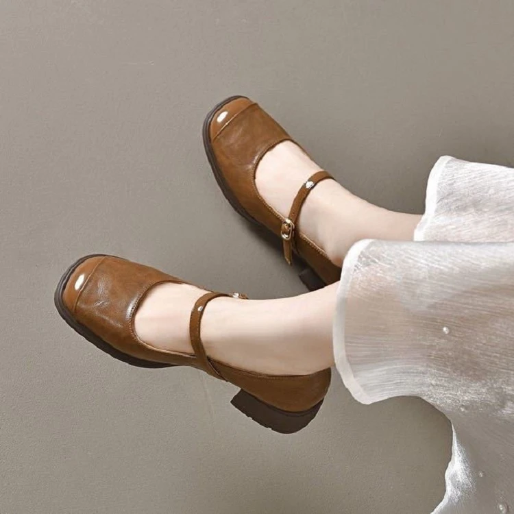 2025 new light mouth single shoes for women's summer genuine leather square toe retro thick heel spring and summer small leather shoes mid-heel one-strip women's shoes