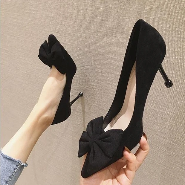 New style stiletto high heels women's shoes French pointed toe single shoes black 2025 shallow mouth work spring and autumn large bow