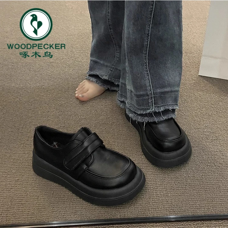 Woodpecker thick-soled British loafers women's 2025 spring and autumn new versatile leather shoes for heightening small legs