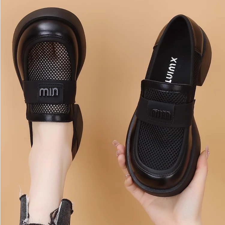 Thick heel loafers for women 2025 summer new single shoes soft leather height-enhancing mesh breathable small leather shoes
